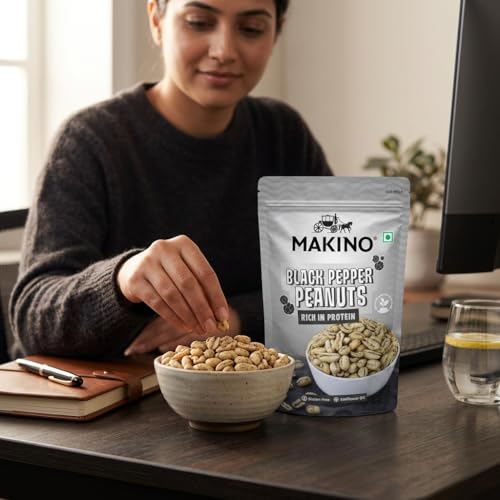Image of Makino Black Pepper Roasted Peanuts | 140gm Pack of 4| Chatpata & Tasty Roasted Peanut Snack | High Protein, Gluten Free, Zero Cholesterol & Trans Fat | Crispy Crunchy Namkeen | Fiber Rich