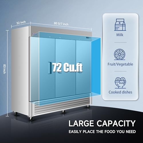 Image of 81 inchW Commercial Refrigerator,72 Cu.ft Commercial Refrigerator with 3 Solid Door Reach-In Freezers Stainless Steel,ETL Upright Freeze Storage w / 9 Adjustable Shelves,LED Light,for Bar,Shop,Silver