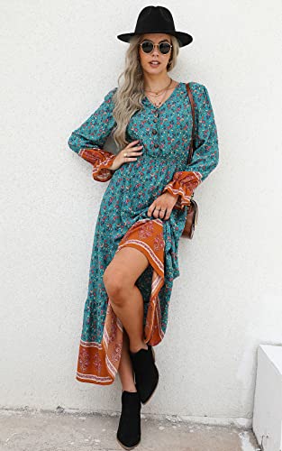 PRETTYGARDEN Long Sleeve Maxi Dress for Women V Neck Casual Button Down Boho Long Floral Dresses
