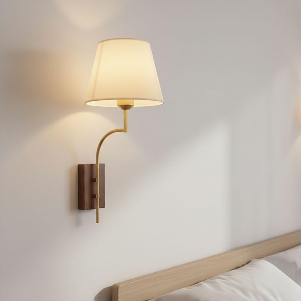 Walnut Wood Brass Wall Sconce, Minimalist Fabric Shade Wall Lamp,Slender Long Arm Decorative Indoor Wall Fixture,Aesthetic Lighting for Bedroom Bedside Living Room Hallway Study Parlor