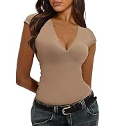 UNIANKIYA Womens Deep V Neck Going Out Tops Short Sleeve Trendy Sexy Slim Fit Casual Y2K T Shirts...