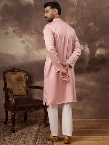 Image of Men's Calf Length Silk Blend Embroidered Solid Kurtas | Men | Kurtas for Mens | Straight Fit Kurta for Men's
