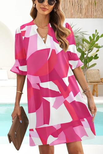 Image of QACOHU Summer Dresses for Women V Neck Ruffle Short Sleeve Casual Shift Dress
