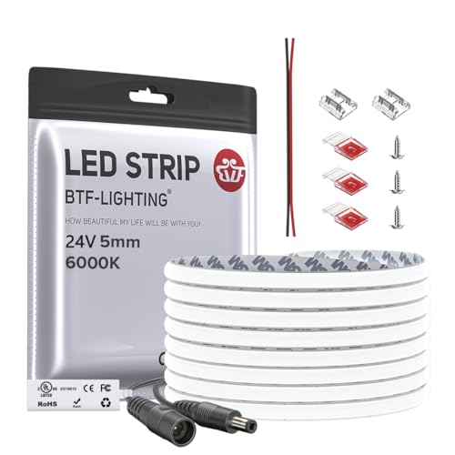 Image of BTF-LIGHTING FCOB Thin 5mm Width COB LED Strip, UL Listed Cool White 6000K Narrow Uniform Light, 16.4FT DC24V CRI 90+ Flexible LED Tape Light for Home Indoor DIY Lighting(No Adapter or Controller)