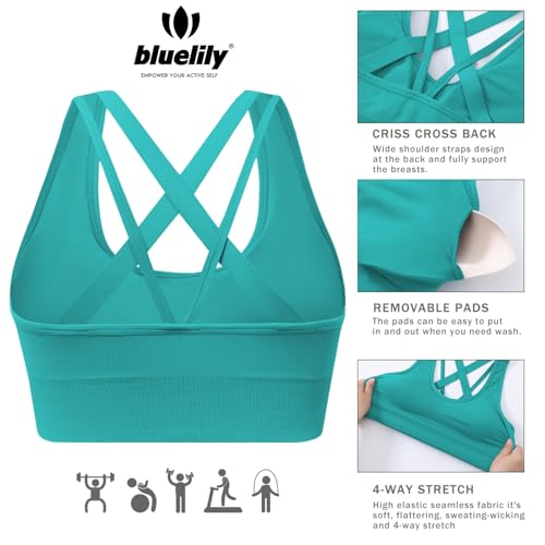 Image of BLUELILY Sports Bra for Women Medium Support Criss Cross Strappy Bras Seamless Padded High Impact Yoga Athletic Exercise Bras
