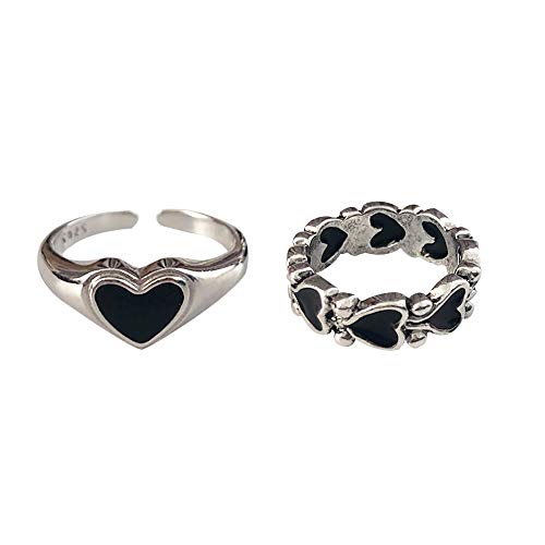 Gothic Vintage Ring Set Y2K Black Heart Stackable Retro Punk Open Knuckle Finger Ring For Women Girls #TOP9