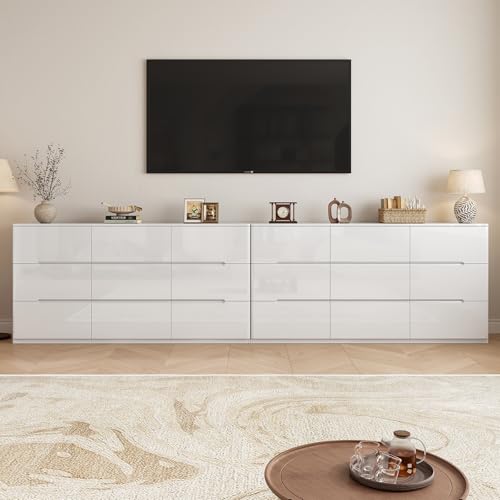 Image of High Gloss Dresser for Bedroom, 60.2 inch Wide 9 Drawer Dresser, White