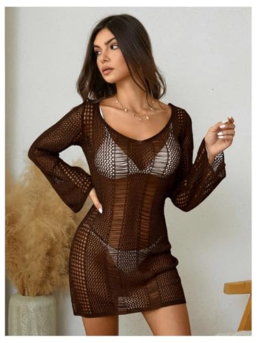 Image of Floerns Women's Crochet Cover Up Long Sleeve Hollow Out Bikini Swimsuit Beach Cover Up Swimwear