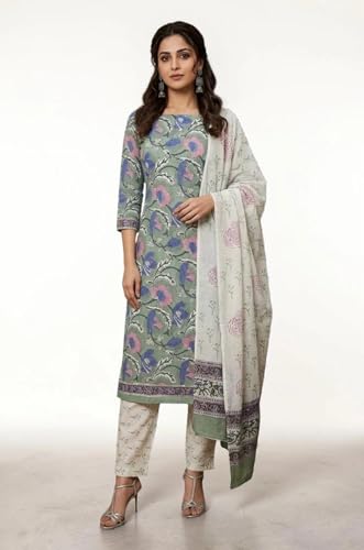 Image of Eddika women unstitched hand block printed cotton suit set with mulmul dupatta ehbpcswmd0120P