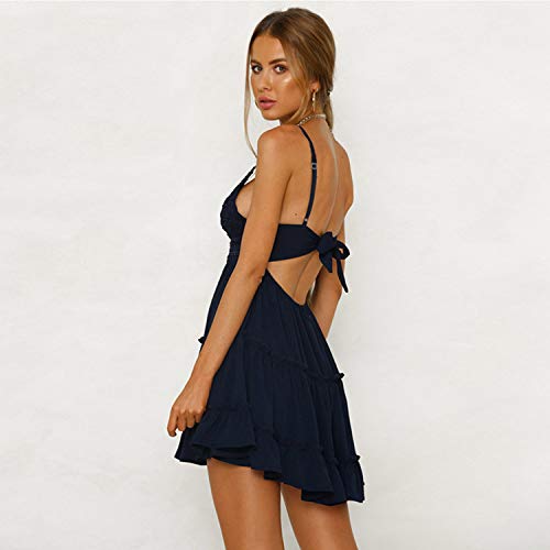 ECOWISH Womens V-Neck Spaghetti Strap Bowknot Backless Sleeveless Lace Mini Swing Skater Dress Navy Blue-1 Medium - Thumbnail 4
