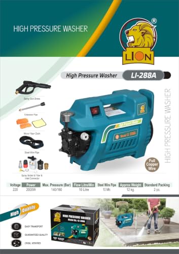 Image of Lion LI-288A Electric High Pressure Washer | 2000W Copper Motor | 160 Bar | Portable Car & Bike Washer | High Pressure Cleaning Machine
