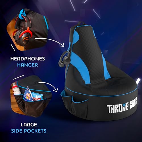 Throne Boss Gaming Bean Bag Chair High Back for Kids - Floor Game Chair Easy Clean Oxford 420D Fabric with Large Pocket Headphone Hanger - Cover Only, Add 200 Liters of Beans (Blue)