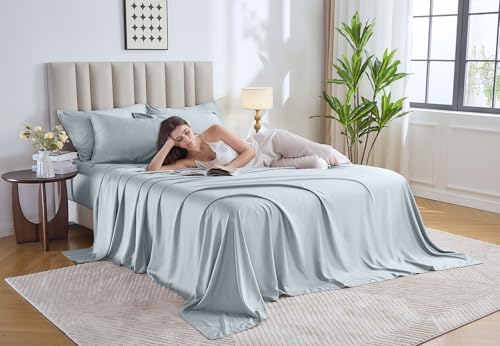 Image of Pure Bamboo Split King Sheets, Genuine 100% Organic Viscose Derived from Bamboo Bed Sheet Set, Soft & Cooling, Double Stitching, 2 Fitted Sheets (Split King, Glacier)