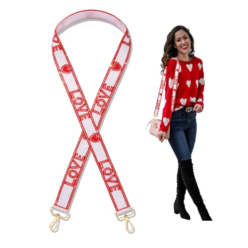 Image of ZOLEAROPY Valentines Love Heart Purse Crossbody Strap Handmade Beaded Red Heart LOVE Handbag Bag Strap Replacement for Women (red white, Large)