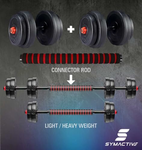 Image of Amazon Brand - Symactive Pvc 20 Kg 3-In-1 Convertible Dumbbells Fitness Kit For Full Body Workout(2 Kg X 4 + 3 Kg X 4 Pvc Weight,14'' Dumbbell Rods Pair&Nuts,1 Cushioned Connector Rod),Multicolor