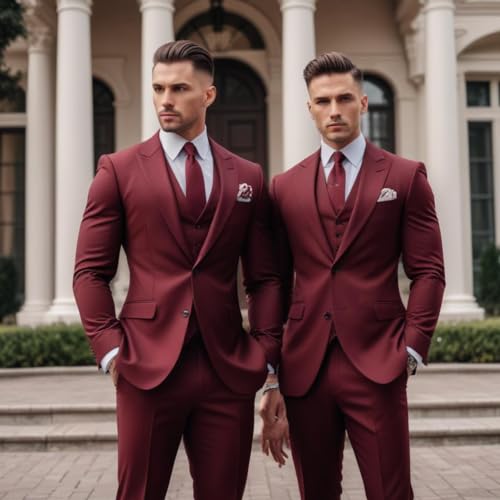 Generic Men's 3 Piece Suit Slim fit Burgundy Blazer Vest Pant Set Office Business Dress Code, Olive Green4