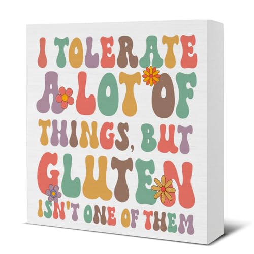 Funny Gluten Free Sign I Tolerate a Lot of Things But Not Gluten Wood Block Sign Home Kitchen Shelf Tabletop Decor Gift for Gluten Free People 5 X 5 Inches