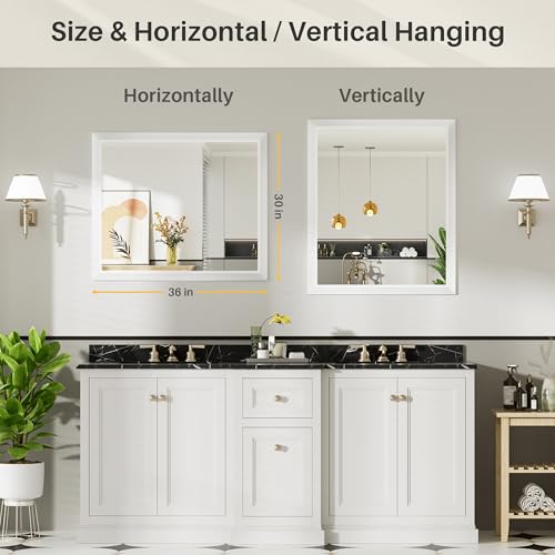 Image of 36x30 Inch White Bathroom Mirror for Wall, Thick Metal Framed Rectangle Mirrors for Over Sink, Bedroom, Living Room, Entryway, Anti-Rust, HD Tempered Glass