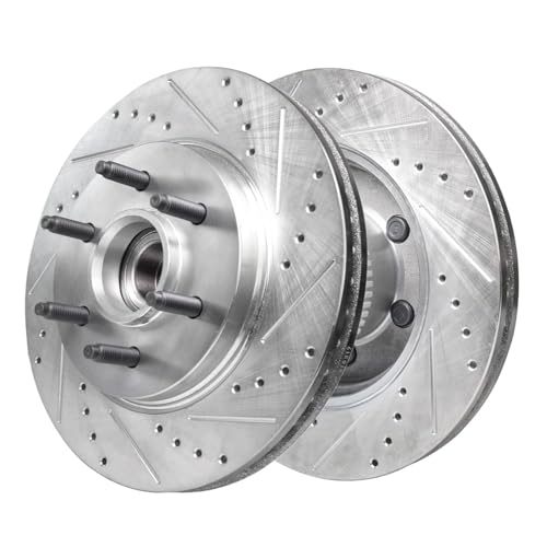Image of Detroit Axle - RWD Front Brake Kit for 2004-2008 Ford F-150 | 2006-2008 Lincoln Mark LT Drilled & Slotted Disc Brake Rotors Ceramic Brake Pads 2005 2006 2007 Replacement