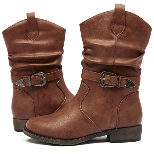 Veittes Women's Mid-Calf Cowboy Cowgirl Boots with Low Chunky Heel, Side Zipper, Motorcycle Style, Classic Round Toe,Fashion Western (Black/Dark Brown/Grey) Boots2