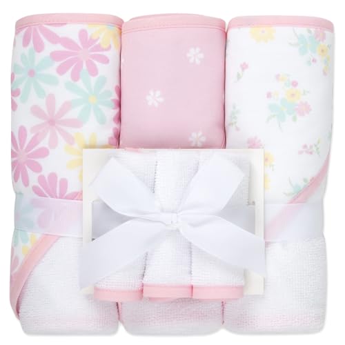 Image of Jessica Simpson Baby 6-Piece Hooded Towel & Washcloth Set - Soft Polyester Hooded Towels + Matching Washcloths (Pink Floral Multi)