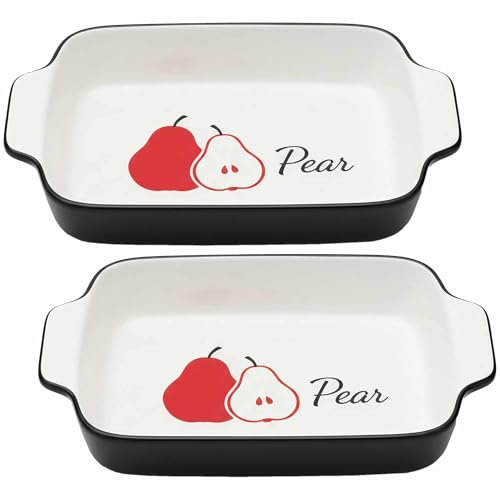 Ceramic Baking Dish Set 2 with Pear Design, Oven to Table Ideal for Lasagne Casserole Tapas, 23 x 12 x 5 cm, White with Black Rim