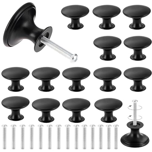 Begpoee 16 Piezas Perillas para Cajón de Gabinete Redondas Vintage Negras, Pomos Cocina con Tornillos de Montaje, Con Tornillos, 3 x 2,1 cm, Para Tocadores, Taquillas, Guardarropas, Mesitas de Noche