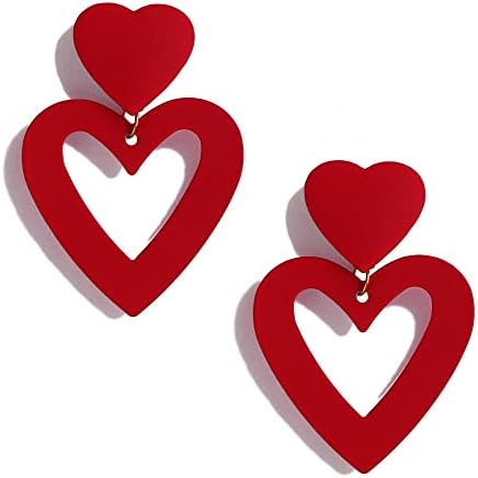 PopTopping Double Heart Drop Earrings Red Heart Zinc Earrings Love Heart Dangle Earrings For Women Valentine's Day Mother's Day Gift (Dark Red)