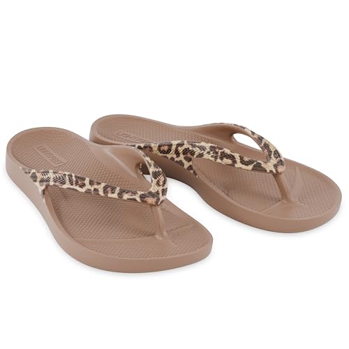 LightFeet Women Arch Support Flip Flops for Plantar Fasciitis Leopard Print