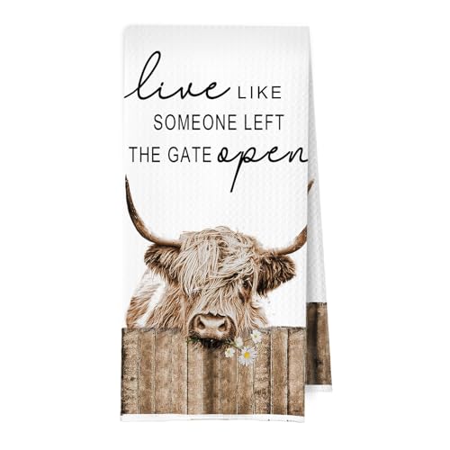 ERYBHKRTYH Highland Cow Live Like Someone Left The Gate Open Kitchen Towels, Farmhouse Rustic Highland Cow Dish Towels for Kitchen Drying, Farm Animal Decorative Hand Towels for Bathroom, 16x24 Inch