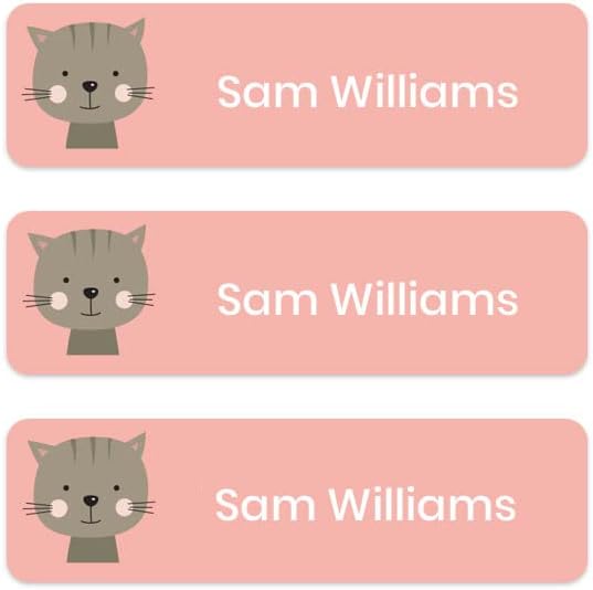 36 x No Iron Medium Personalised Stick On Waterproof Washable Name Labels Great for Clothes, School Uniform, Equipment, Shoes and Much More. School, Nursery, Day Care, Hospital - Cute Cat