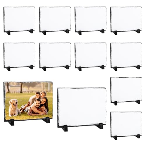 Gkvhsv 12 Pack Sublimation Slates Sublimation Plaques Blanks Rock Stone Photo Rectangular Frame Heat Transfer Plaque Picture Frame with Display Holder for Desktop Souvenir DIY Craft 5.7 x 7.7 Inch