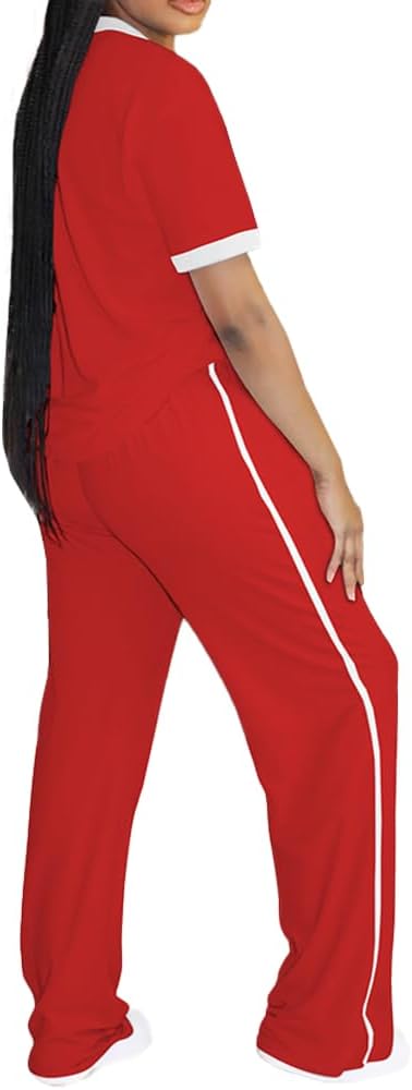 PINSV 2 Piece Sets for Women Summer Casual Short Sleeve Top and Wide Leg Pants Lounge Sets - Image 2