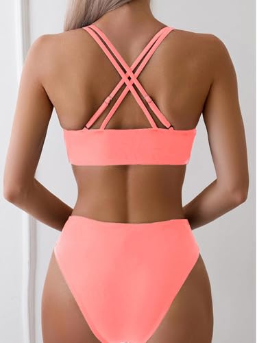 Image of Fanuerg Women's Sexy V Neck Bikini Sets Hollow Out Two Piece Swimsuits Cutout Mid Waist Bathing Suit