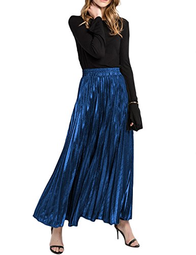 HAHAEMMA Damen Elegant Faltenrock Strand Rock Plissierter Maxi Hohe Taille Plisseerock A-Linie Falten Lang Mental Farbe Rock(SB,2XL) Cover