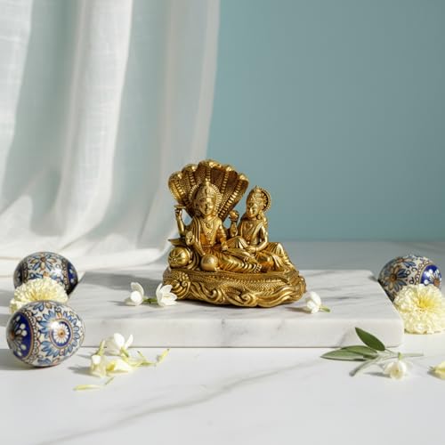 Image of eCraftIndia Brass Vishnu Lakshmi Idol with Sheshnaag | God Murti for Home Decor, Pooja, Temple & Diwali Housewarming Gift