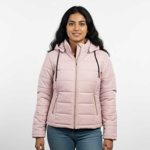 Image of Women's Nylon Puffer Jacket for Winter | Lightweight Warm Quilted Outerwear with Hood | Front Zipper Closure & Secure Pockets | Wind-Resistant Casual Jacket for Women
