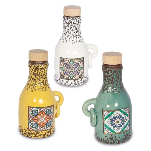 PuntoCasaStore 1 pz Collezione Decori Quadrifoglio 2025 Bomboniera Idea Regalo Matrimonio Anniversario Promessa Comunione Cresima Compleanno (Oliera maiolica Tappo Legno d.8xh.13,5 3ass.)