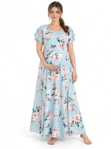 Image of CLOUD SOFT Women's Rayon Cotton Floral Printed Maternity Feeding Gown | Full-Length Nursing Nighty with Zipper | Pre & Post Pregnancy Dress (CS11004-5 MT All)