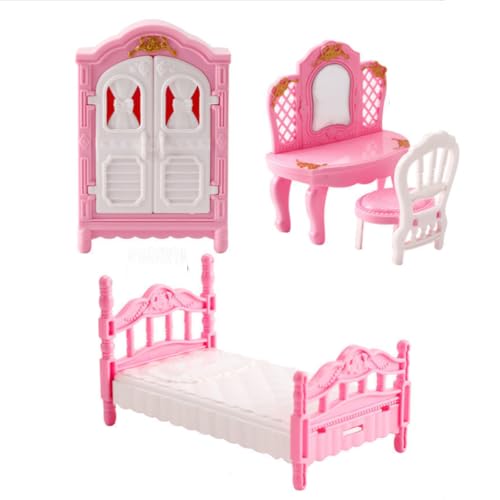 KARLOR Dollhouse Furniture Set, 4 Piece Miniature Furniture Set, Pink Bed Dressing Table Cabinet Chair, 1:12 Dollhouse Accessories Mini Furniture Bedroom Girls Doll Furniture (Bedroom)