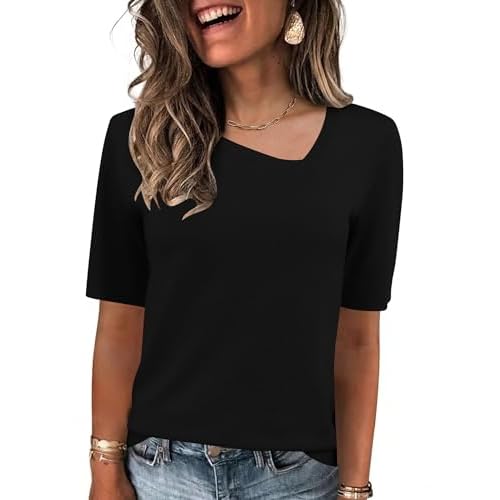 Rapbin Womens Short Sleeve Sweater Asymmetrical Neck Dressy Casual Fashion Summer Pullover Tops Sweater Blouse 2026 Black Large
