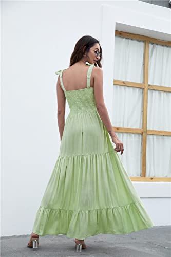 Image of kinstell Women's Summer Boho Spaghetti Strap Square Neck Ruffle Casual Flowy Long Dress Beach Swing Party Maxi Dress
