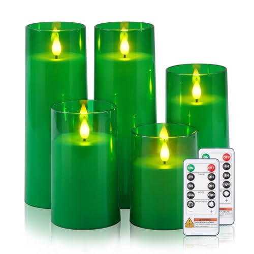 Image of Raycare Battery Operated Flameless Pillar Candles with Remote Timer, Green | LED Acrylic Festive Ambience Candle with Realistic Glow for Christmas Trees, Tables, Seasonal Parties, Family Gifts, Set of 5