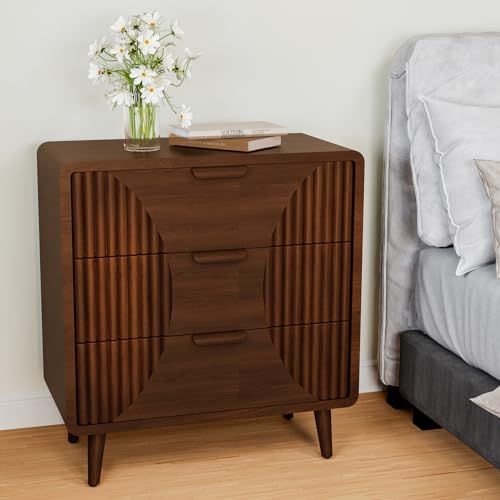 Image of HOMPUS 3-Drawer End Table, Brown 3 Drawer Nightatsand, Mid Century Wooden Bedside Table, Modern Nightstand with Vertical Stripe Pattern, Accent End Table for Living Room, Hallway, Entryway
