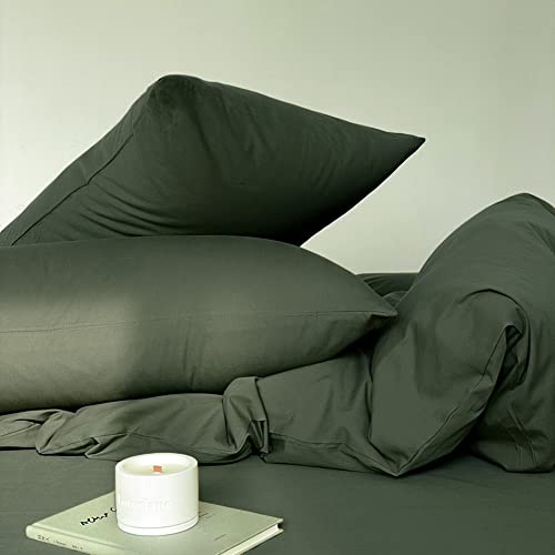 Mixinni MX022 STYLE7-Q 3 Pieces Green Duvet Cover Set Queen Size Army Green Bedding 100% Natural Washed Cotton 1 Duvet Cover 2 Pillowcases Ultra Soft thumb #3
