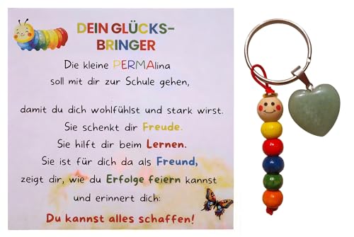 Glücksbringer für die Schule | Mutmacher Mädchen & Jungen | Glückswürmchen handmade | Schlüsselanhänger PERMAlina Grußkarte Beutel und Edelstein (grüner Aventurin) | Geschenk Schulkind | Mut & Freude