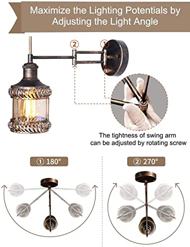 Swing Arm Wall Lamp, 2-In-1 270 Angle Adjustable Industrial Rustic Wall Sconces With Plug In Hardwired On/Off Switch Glass Shade Retro Iron Wall Light Fixtures For Bedside Bedroom Bathroom Living Room #TOP4