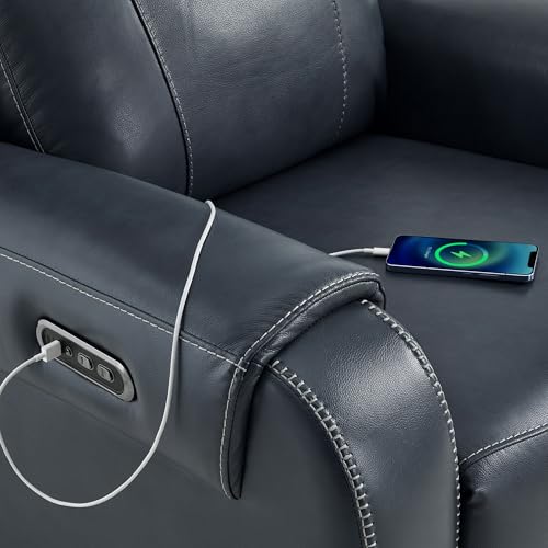 Image of CHITA Genuine Leather Power Recliner Sofa, 3 Seater Reclining Sofa, Navy