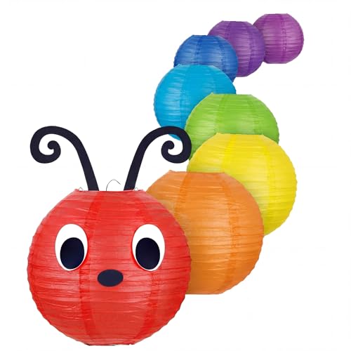 Image of Hortsun 7 Pcs Caterpillar Theme Birthday Decorations Caterpillar Paper Lanterns Sets for School Classroom Birthday Party Favors, with Eyes Mouth Feelers Glue Point (Multicolor)