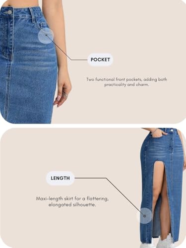 Image of GRECIILOOKS Women's High Waist Denim Skirt with Front Slit - Long Maxi Jean Skirt Casual Fashion - Stylish Denim Skirts for Women